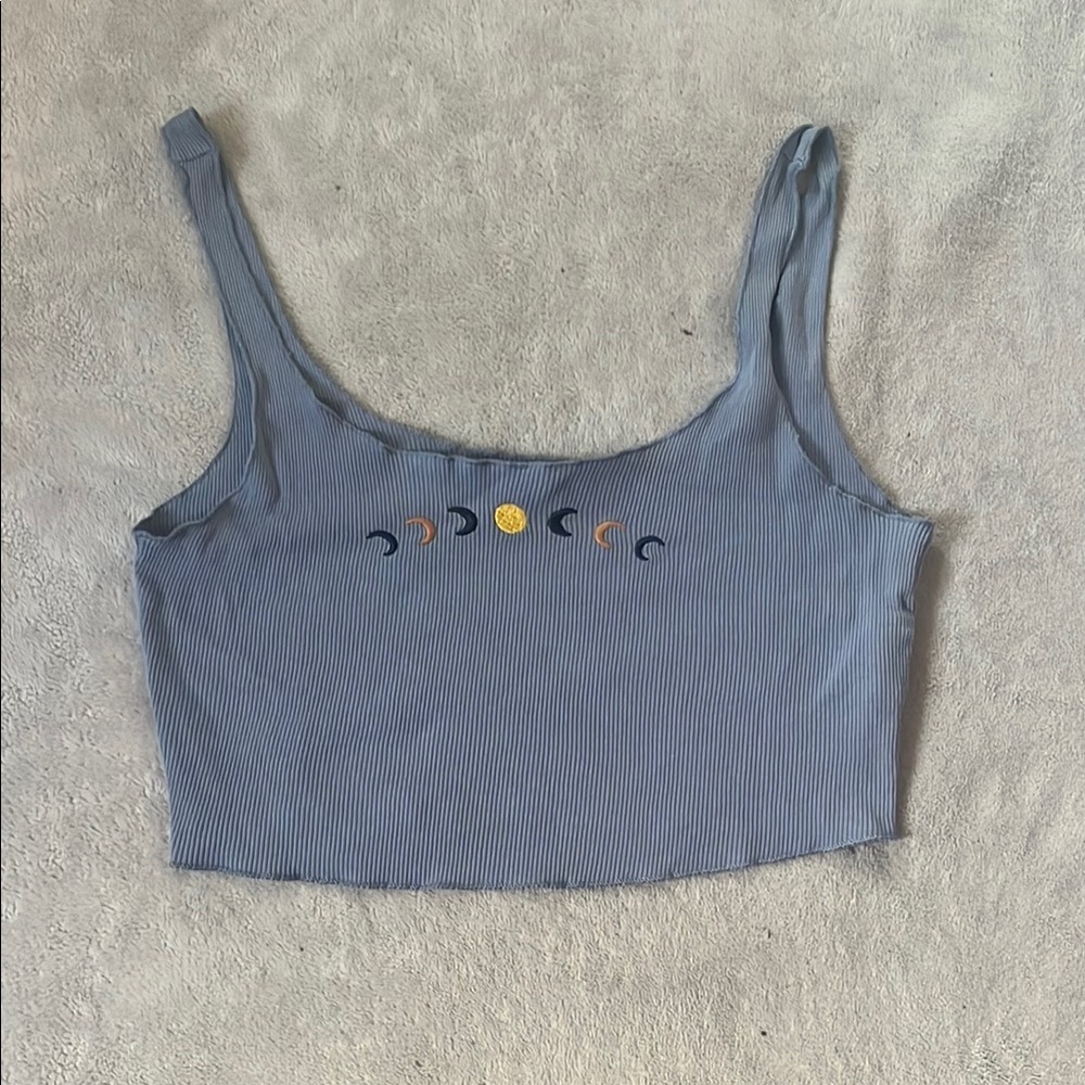 Moon Phase Embroidered Blue Crop Top